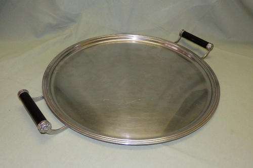 AN AWESOME LARGE STAINLESS STEEL "TROPHY" SERVING TRAY WITH BLACK CARRY HANDLES