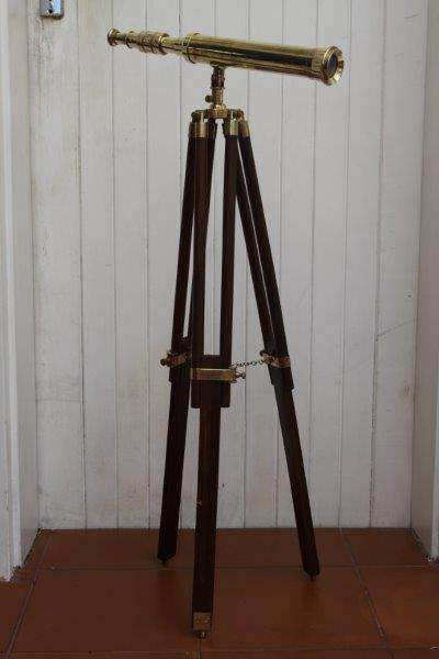 A STUNNING SOLID BRASS TELESCOPE ON A SOLID TEAK AND BRASS TRIPOD!!! AWESOME COLLECTIBLE!!!