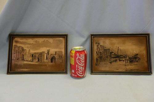 TWO FANTASTIC VINTAGE FRAMED COPPER ETCHED PICTURES OF TWO ENGLISH LANDMARKS bid/etching