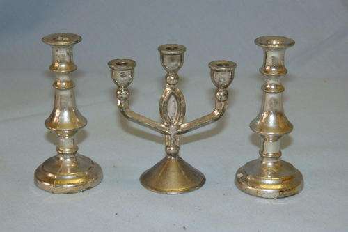 TWO AWESOME SILVER METAL DOLLS HOUSE CANDLESTICK HOLDERS INCLUDING A CANDELABRA bid/set
