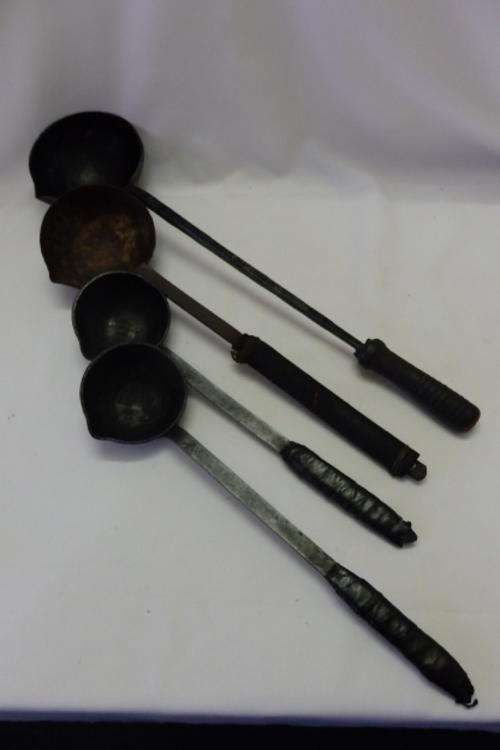 FOUR FANTASTIC VINTAGE SMELTERS/ BLACKSMITH LADLES WITH POURING SPOUTS bid/ladle