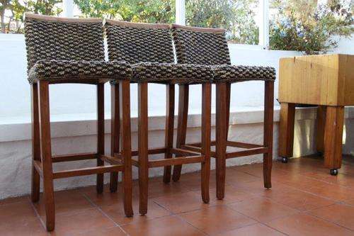 WOW!!! 3 STUNNING SOLID BURMESE TEAK & WICKER BAR STOOLS IN GREAT CONDITION FOR THE AGE! bid/chair