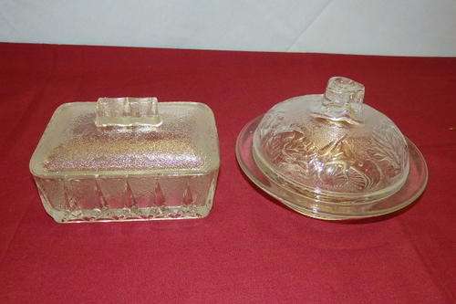 TWO AWESOME GLASS LIDDED BUTTER DISHES INCLUDING A ROUND BUTTERBALL DISH bid/butter dish