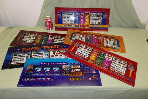 SIX VERY SCARCE ORIGINAL CASINO SLOT MACHINE "WINNINGS" GLASS PANELS IN BRIGHT COLOURS bid/glass