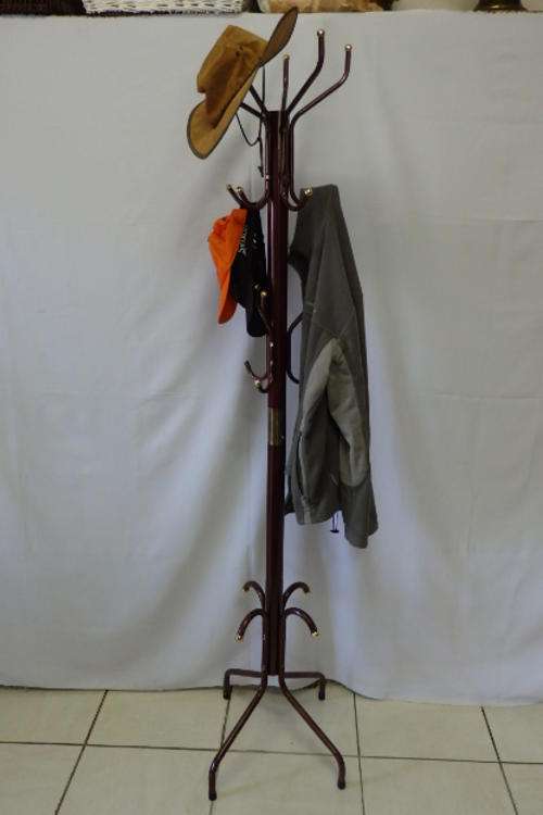 A FANTASTIC AND VERY PRACTICAL "TALL" BURGUNDY AND GOLD (METAL) COAT, HAT AND UMBRELLA STAND