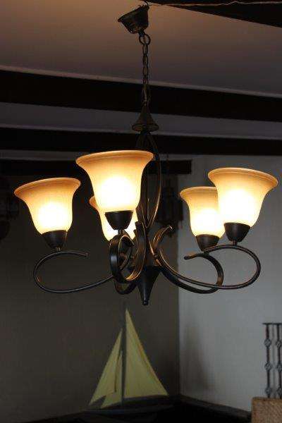 AN EXQUISITE 5-ARM CHANDELIER WITH MAGNIFICENT GLASS SHADES IN PRISTINE CONDITION!!! WOW!!!