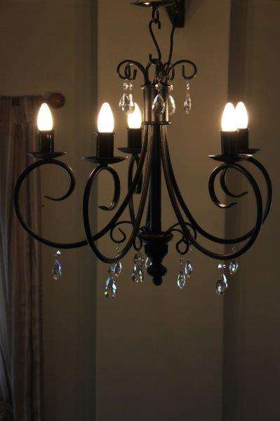 EXQUISITE BLACK ROD-IRON 5-ARM CHANDELIER WITH MAGNIFICENT GENUINE CRYSTALS IN PRISTINE CONDITION!