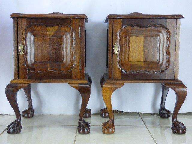 TWO BEAUTIFUL IMBUIA SINGLE BALL AND CLAW BEDSIDE TABLES, IN FANTASTIC CONDITION. Bid/table