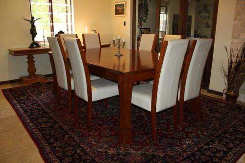 WOW! 8 MAGNIFICENT GENUINE LEATHER & SOLID BURMESE TEAK DINING CHAIRS IN EXCELLENT CONDITION!!!