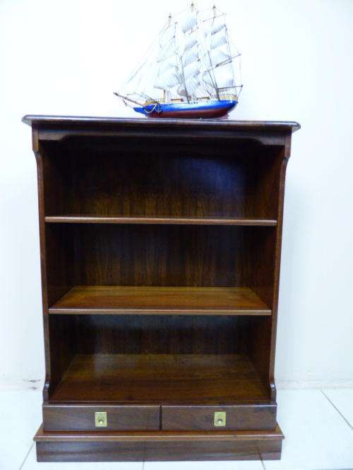 A STUNNING IMBUIA WOODEN DISPLAY/BOOKSHELF w 2 DRAWERS IDEAL FOR YOUR STUDY OR READING ROOM.