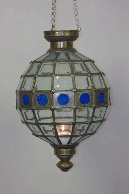 AN INCREDIBLE (LARGE 330mm) BEVELLED GLASS "PANELLED" HANGING LANTERN WITH STAINED GLASS PANES