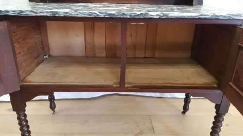 A stunning antique solid oak wash stand with cobalt-blue tiles, grey granite top and bobbin legs