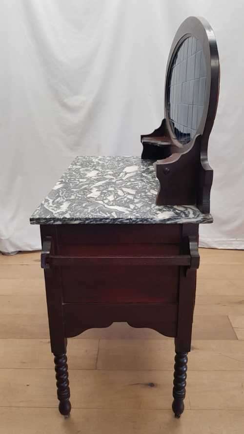 A stunning antique solid oak wash stand with cobalt-blue tiles, grey granite top and bobbin legs