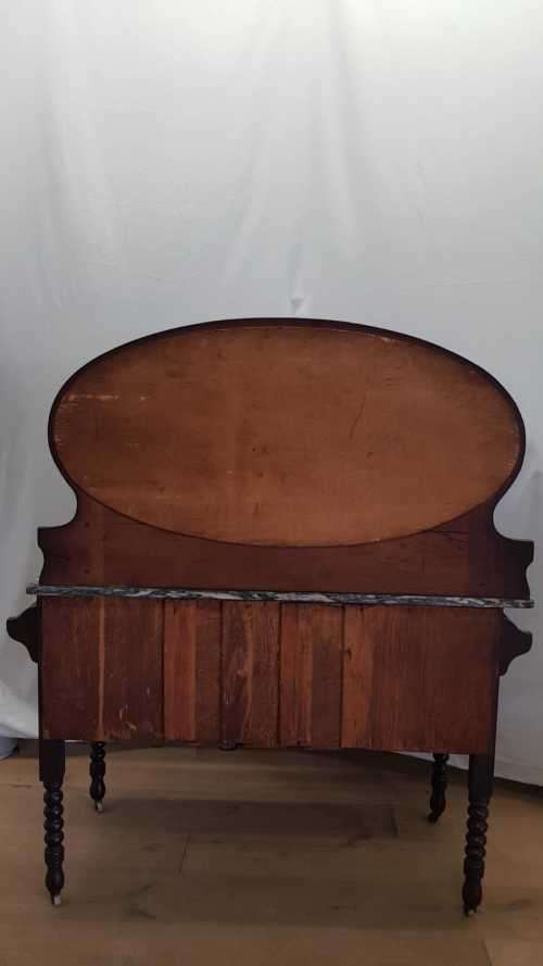 A stunning antique solid oak wash stand with cobalt-blue tiles, grey granite top and bobbin legs