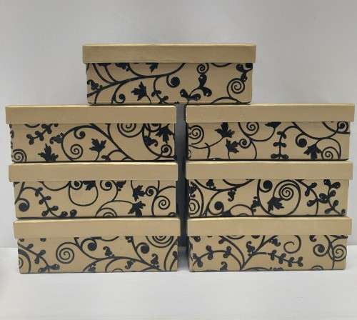 A lovely collection of 7x gold lidded boxes with black velvet brocade pattern detailing