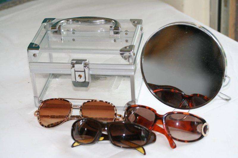 "job lot" assorted sun glasses, jewellery / make-up box and vanity mirror