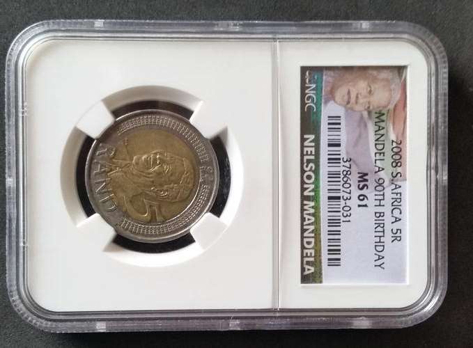 ***MS61 NEW LABEL*** 2008 NELSON MANDELA 90TH BIRTHDAY R5 COIN ***MS61***NGC GRADED.