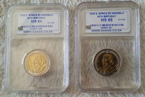 ***2008 Nelson Mandela 90th Birthday R5 Coins***Sangs Graded MS 64&65. Bid is per coin.