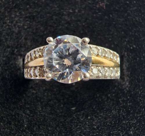 ***9K GOLD & 925 STERLING SILVER DUAL ETERNITY SOLITAIRE ZIRCONIA RING***