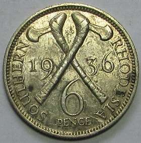1936 Rhodesia Silver King George V Sixpence