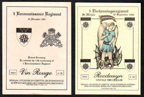 SADF - 5 Reconnaissance Regiment Wine Label Pair Dated 1990/1991