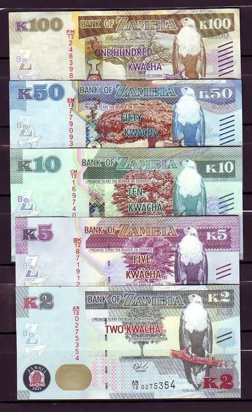 Zambia New Series - 2015 Kwacha Set 100/50/10/5/2 Kwacha
