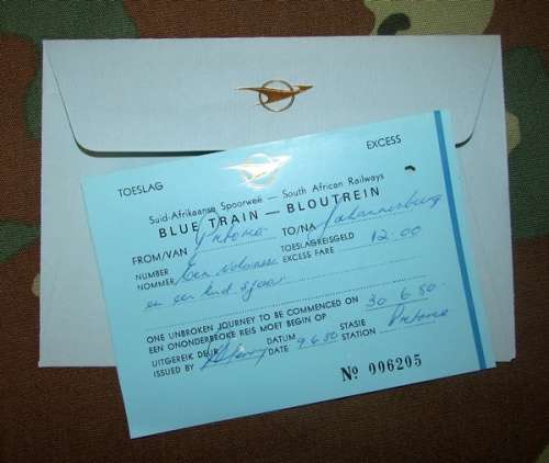 S.A.S/S.A.R Railway - Blue Train Ticket with Envelope Dated 1980