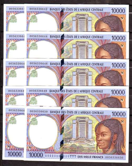Central Africa 10000 Francs Notes in Sequence