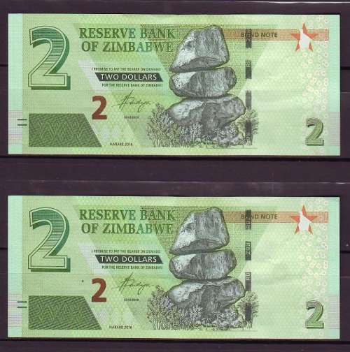 Zimbabwe 2 Dollar Notes In Sequence - BD Prefix