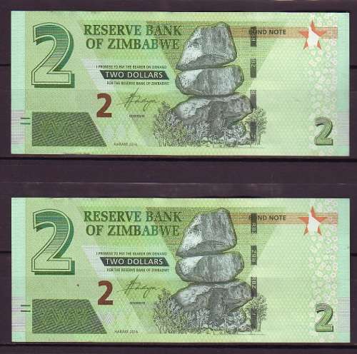 Zimbabwe 2 Dollar Notes In Sequence - BA Prefix