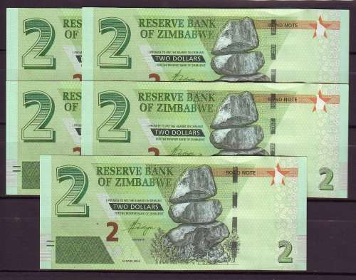 Zimbabwe 2 Dollar Notes In Sequence - BD Prefix
