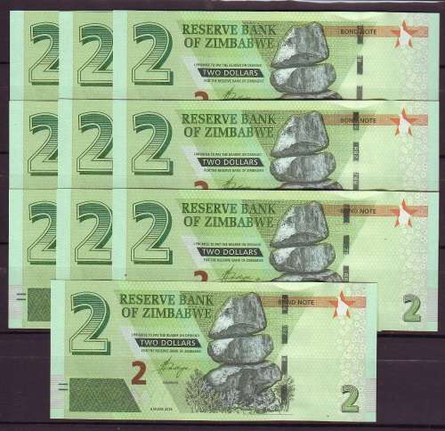Zimbabwe 2 Dollar Notes In Sequence - BD Prefix