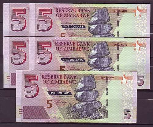 Zimbabwe 5 Dollar Notes In Sequence and UNC