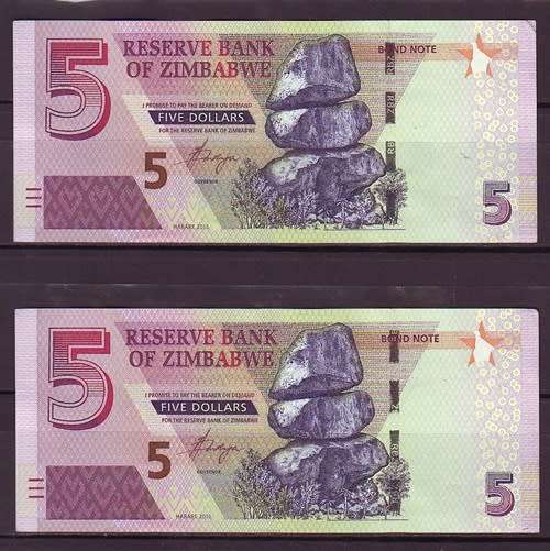 Zimbabwe 5 Dollar Notes In Sequence and UNC