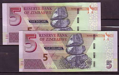 Zimbabwe 5 Dollar Notes In Sequence and UNC