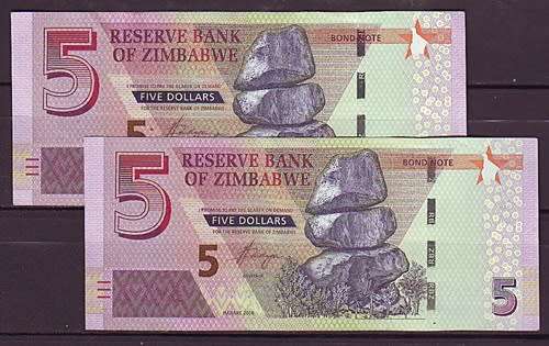 Zimbabwe 5 Dollar Notes In Sequence and UNC
