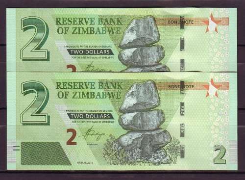 Zimbabwe 2 Dollar Bond Notes in Sequence