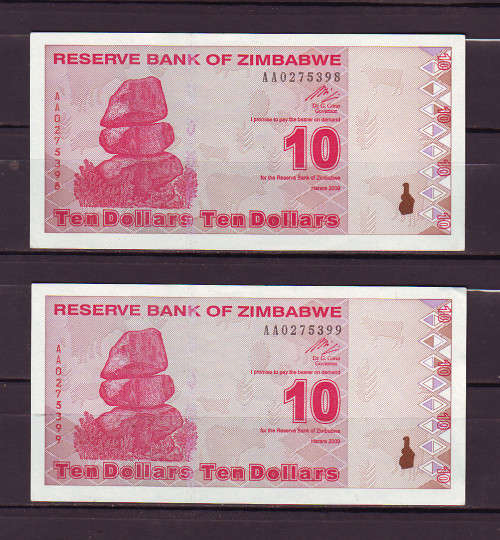 Zimbabwe 10 Dollar Notes - 2 in Sequence