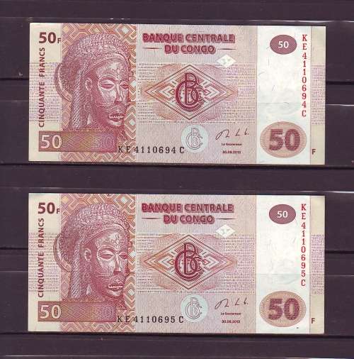 DRC Congo Pair of 50F Notes in Sequence