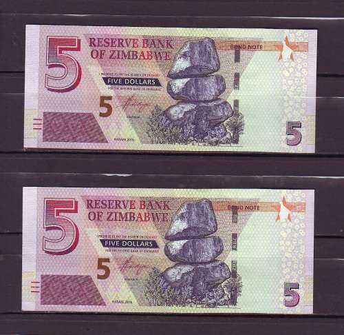 Zimbabwe Pair of $5 Bond Notes in Sequence