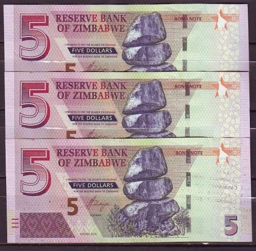 Zimbabwe 5 Dollar Bond Notes - 3 in Sequence