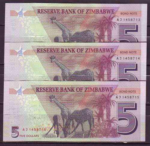 Zimbabwe 5 Dollar Bond Notes - 3 in Sequence