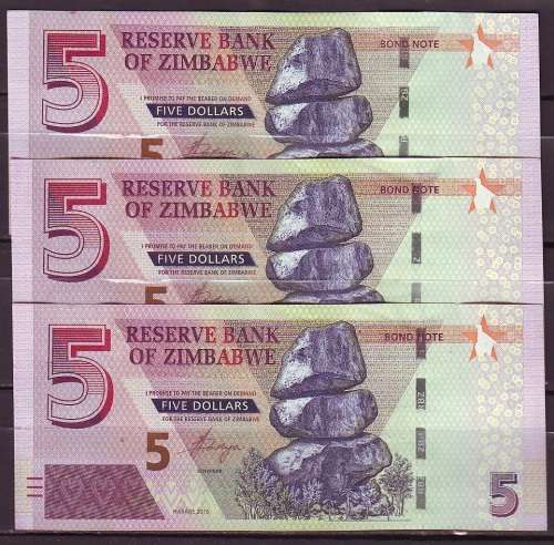 Zimbabwe 5 Dollar Bond Notes - 3 in Sequence