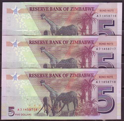 Zimbabwe 5 Dollar Bond Notes - 3 in Sequence