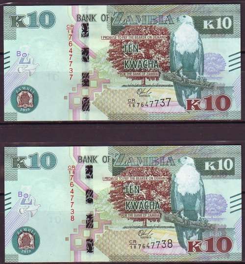 Zambia New Series - 2 by 10 Kwacha Notes in Sequence and UNC