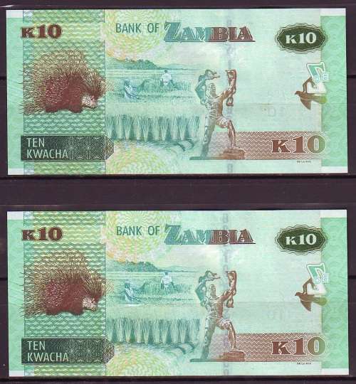 Zambia New Series - 2 by 10 Kwacha Notes in Sequence and UNC