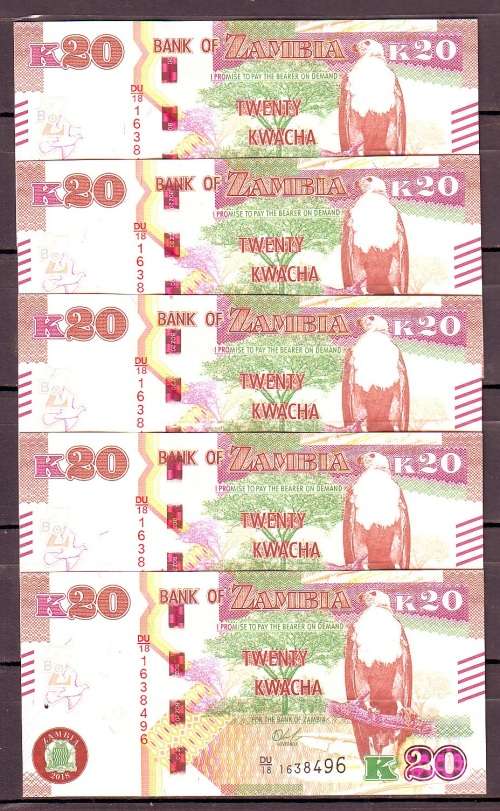 Zambia New Series - 5 by 20 Kwacha Notes in Sequence and UNC