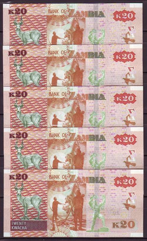 Zambia New Series - 5 by 20 Kwacha Notes in Sequence and UNC