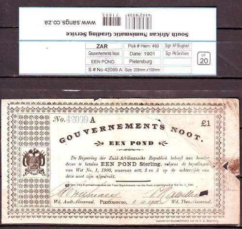 VF 20 - 1901 ZAR Een Pond Sterling ( Pietersburg ) Gouvernements Noot