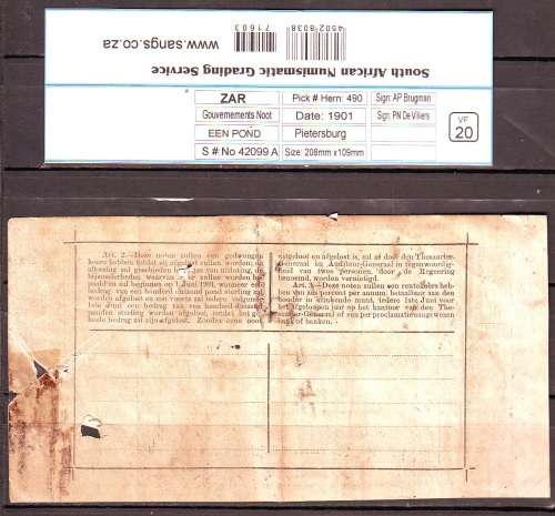 VF 20 - 1901 ZAR Een Pond Sterling ( Pietersburg ) Gouvernements Noot